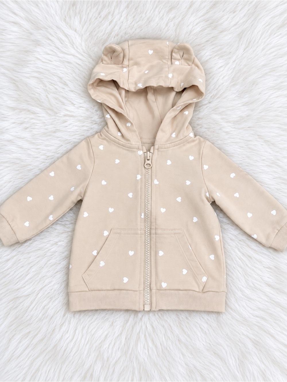 Kids Beige Heart Zip Hoodie with Ear-Detail Hood